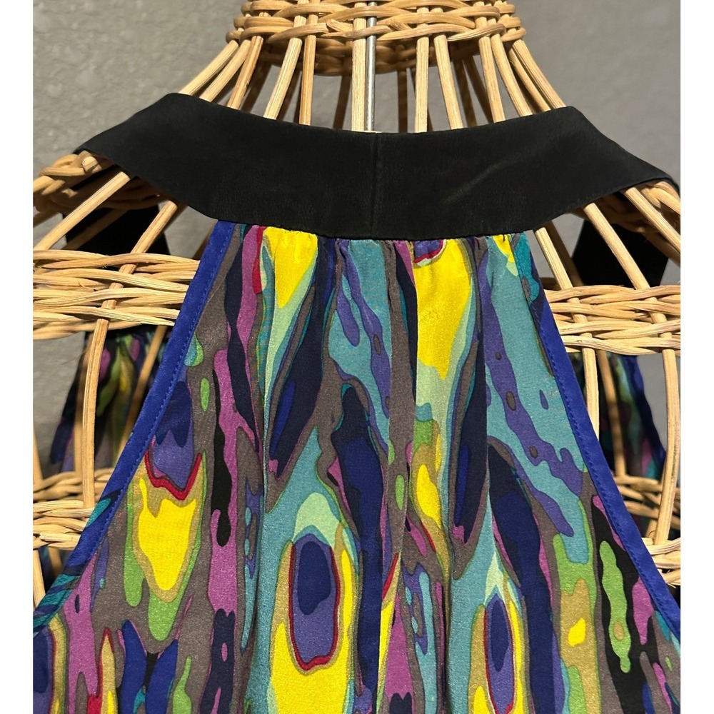 Trina Turk Silk Halter Top Blue Peacock Print V-Neck Women S Whimsigoth - Picture 4 of 15